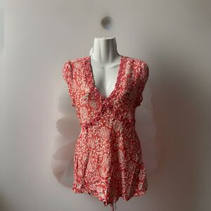 Quizz Trends Blouse Womens Large Top Red White Sequined VNeck Back Tie Milkmaid